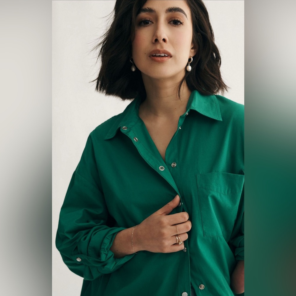 Anthropologie NWT Maeve Emerald Button-Down Shirt Green blouse with pocket